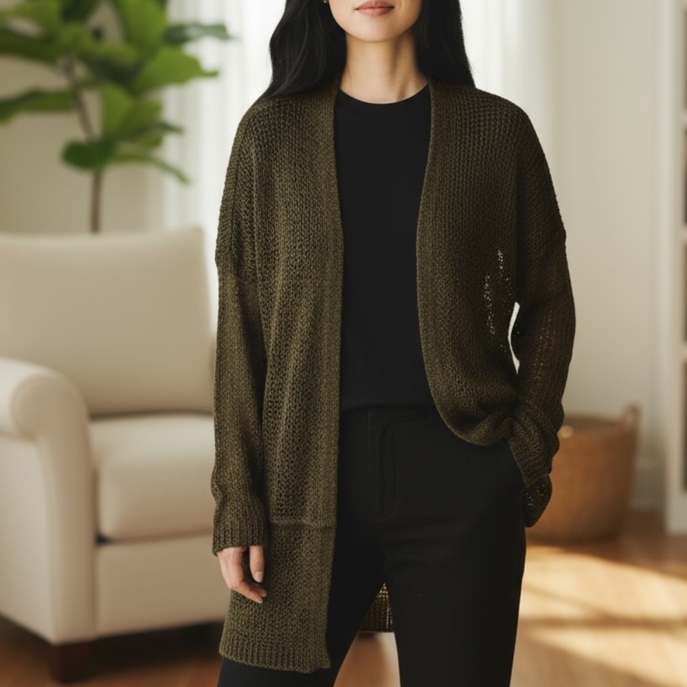 Wooden Ships Mohair Wool Blend Open Olive Green Cardigan Sweater Womens Small